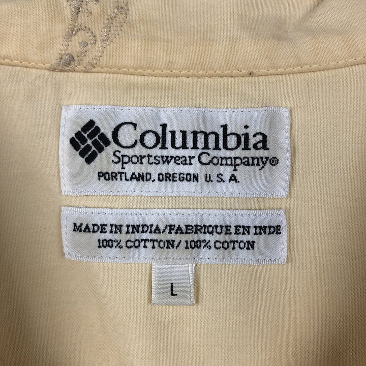 Columbia all-over fish print short-sleeved open-collar cotton shirt, boxy fit, men's size L. cotton yellow type Vintage Second Hand