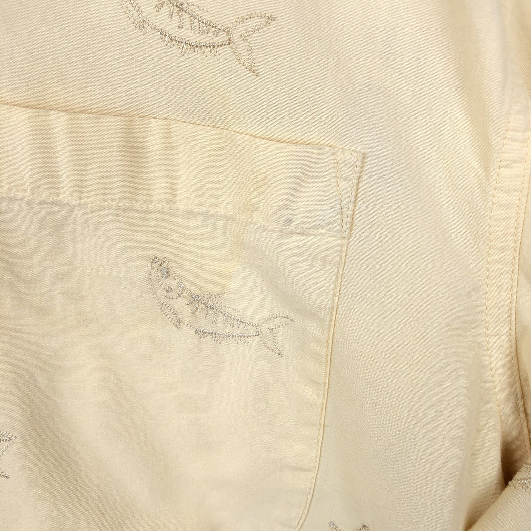Columbia all-over fish print short-sleeved open-collar cotton shirt, boxy fit, men's size L. cotton yellow type Vintage Second Hand