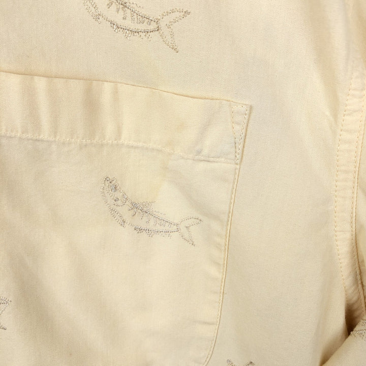 Columbia all-over fish print short-sleeved open-collar cotton shirt, boxy fit, men's size L. cotton yellow type Vintage Second Hand