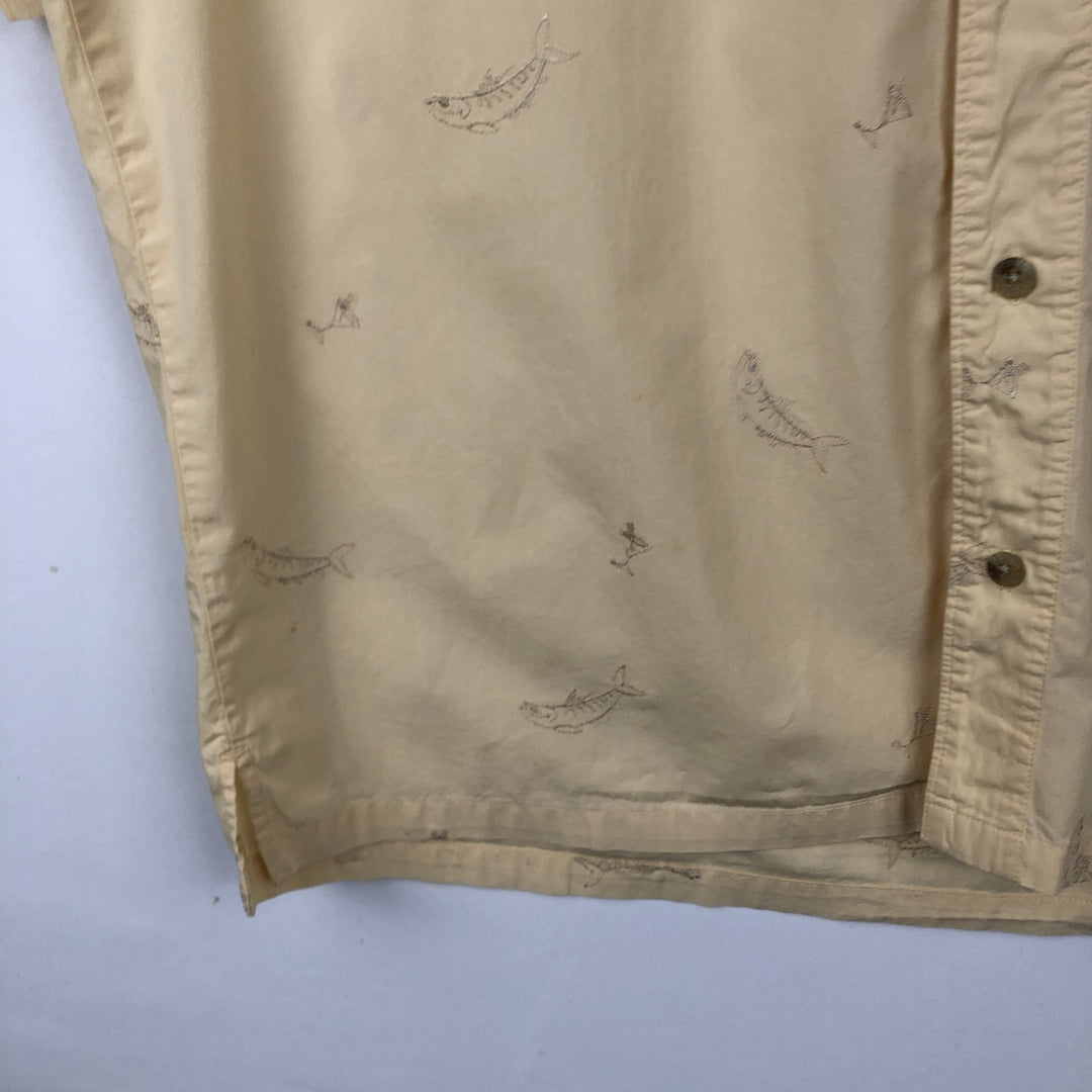 Columbia all-over fish print short-sleeved open-collar cotton shirt, boxy fit, men's size L. cotton yellow type Vintage Second Hand