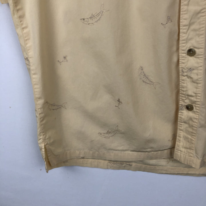 Columbia all-over fish print short-sleeved open-collar cotton shirt, boxy fit, men's size L. cotton yellow type Vintage Second Hand