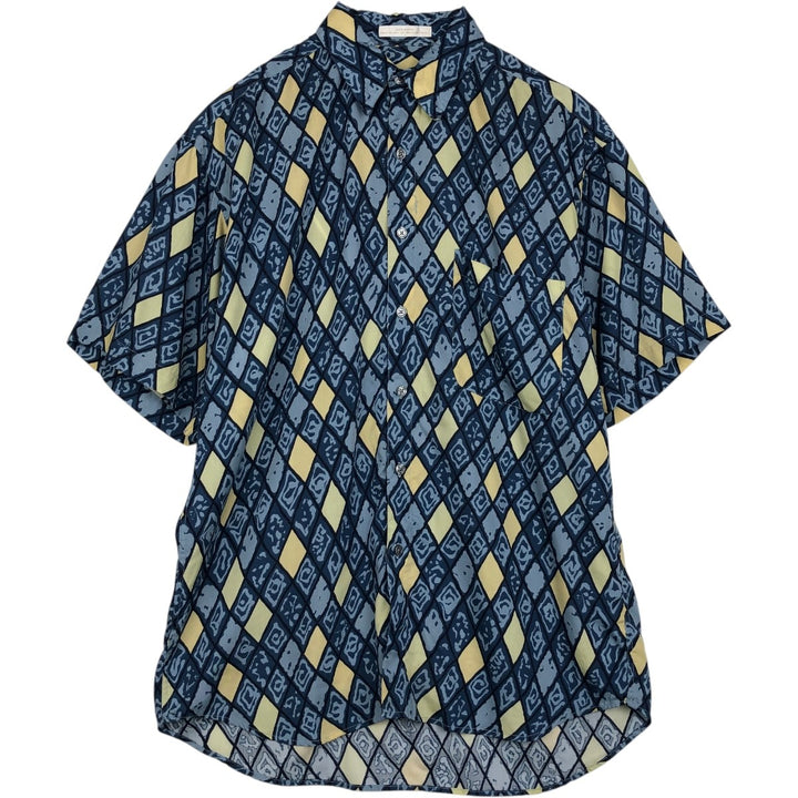 Perry Ellis all-over print short-sleeved rayon shirt, made in the USA, men's size M equivalent. Rayon blue type Vintage Second Hand