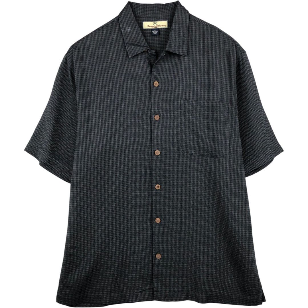 Tommy Bahama short-sleeved open-collar silk shirt with check pattern, boxy fit, men's size M. silk black type Vintage Second Hand