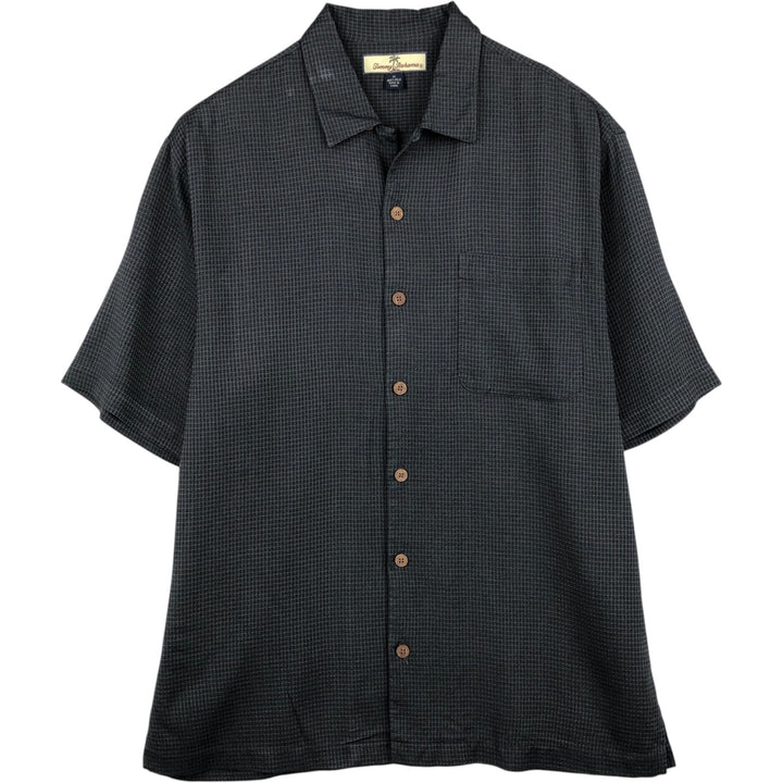 Tommy Bahama short-sleeved open-collar silk shirt with check pattern, boxy fit, men's size M. silk black type Vintage Second Hand