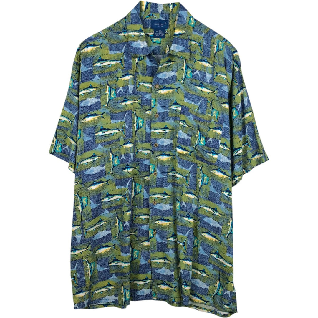80s-90'S Towncraft all-over fish print short-sleeved open-collar rayon shirt, boxy fit, men's size L equivalent, vintage. Rayon Khaki type Vintage Second Hand
