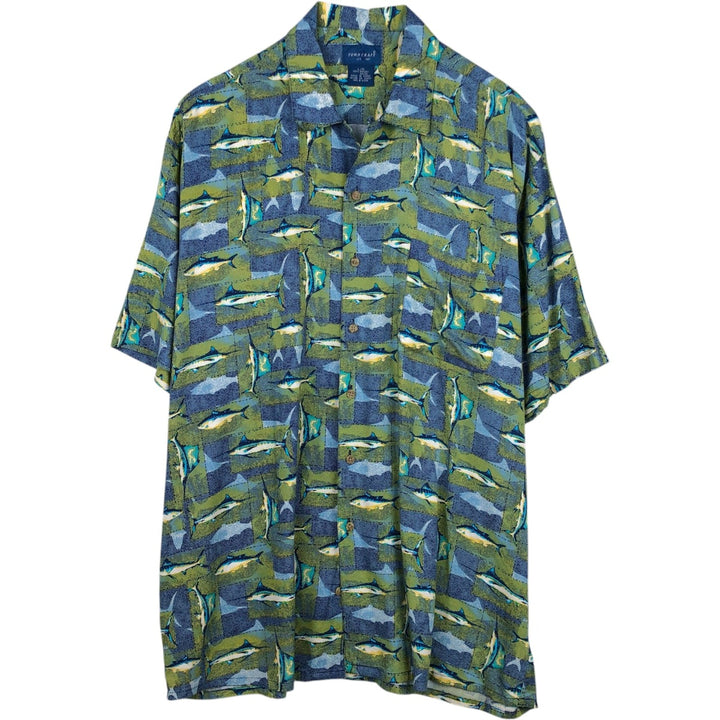 80s-90'S Towncraft all-over fish print short-sleeved open-collar rayon shirt, boxy fit, men's size L equivalent, vintage. Rayon Khaki type Vintage Second Hand