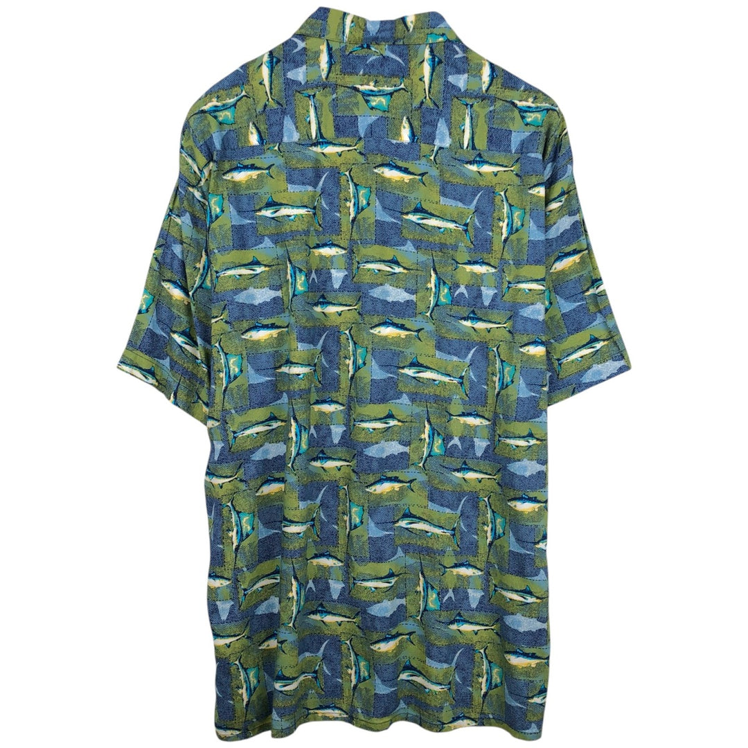 80s-90'S Towncraft all-over fish print short-sleeved open-collar rayon shirt, boxy fit, men's size L equivalent, vintage. Rayon Khaki type Vintage Second Hand