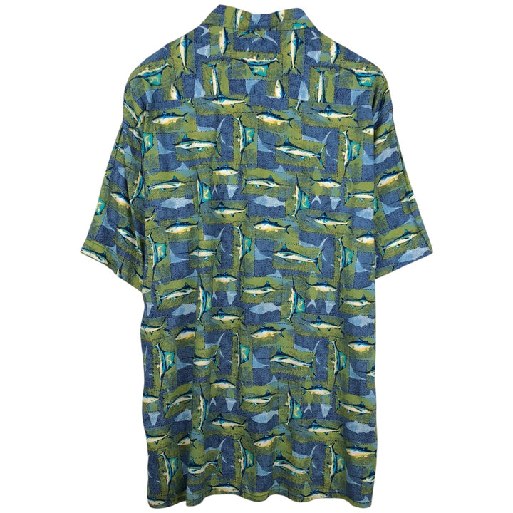 80s-90'S Towncraft all-over fish print short-sleeved open-collar rayon shirt, boxy fit, men's size L equivalent, vintage. Rayon Khaki type Vintage Second Hand