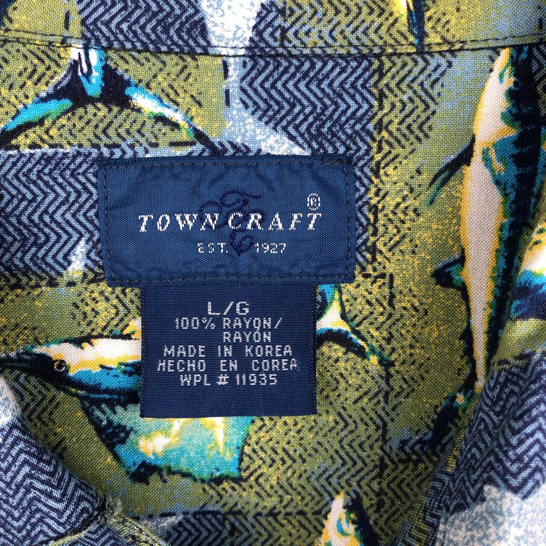 80s-90'S Towncraft all-over fish print short-sleeved open-collar rayon shirt, boxy fit, men's size L equivalent, vintage. Rayon Khaki type Vintage Second Hand