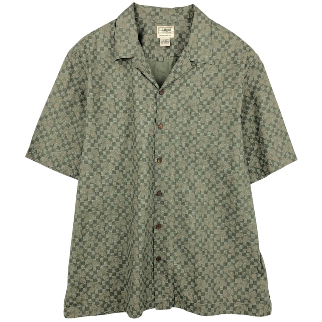 90s~00'S LLBean all-over print short sleeve open collar cotton shirt box shirt men's size L vintage cotton Khaki type Vintage Second Hand