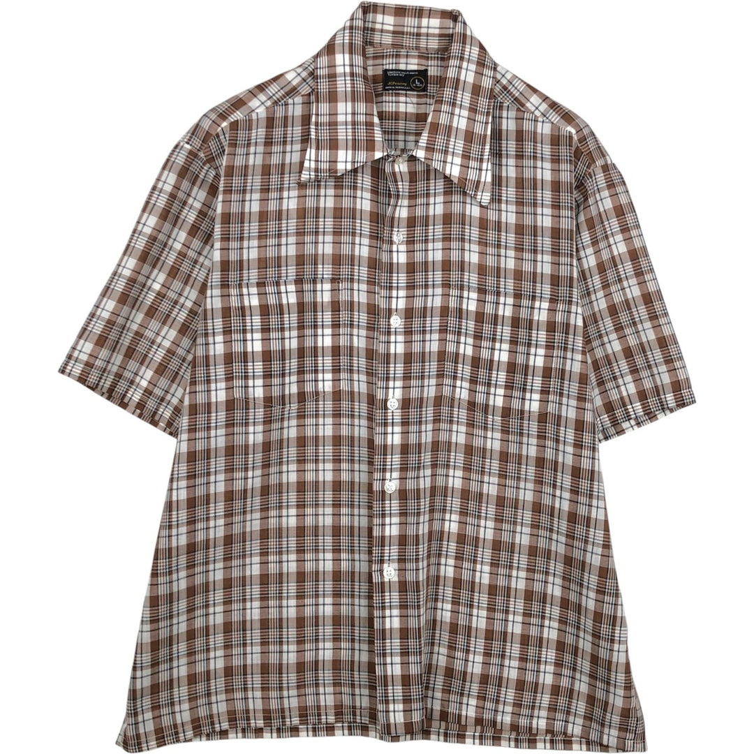 70s-80'S JCPenney Short-Sleeve Check Shirt, Boxy Shirt, Men's Size L (approx.), Vintage unclear white type Vintage Second Hand