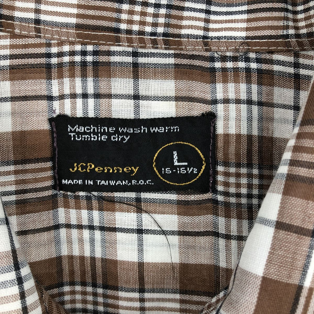70s-80'S JCPenney Short-Sleeve Check Shirt, Boxy Shirt, Men's Size L (approx.), Vintage unclear white type Vintage Second Hand