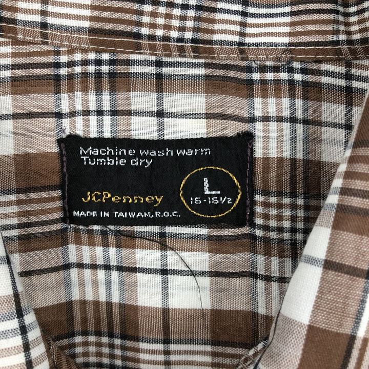 70s-80'S JCPenney Short-Sleeve Check Shirt, Boxy Shirt, Men's Size L (approx.), Vintage unclear white type Vintage Second Hand