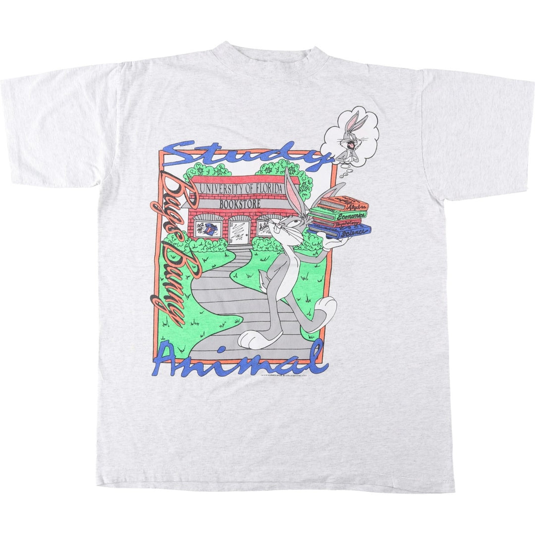 90'S COLLEGE WARE USA Looney Tunes Bugs Bunny College Character Print T-Shirt, Made in USA, Men's XL equivalent. cotton gray type Vintage Second Hand