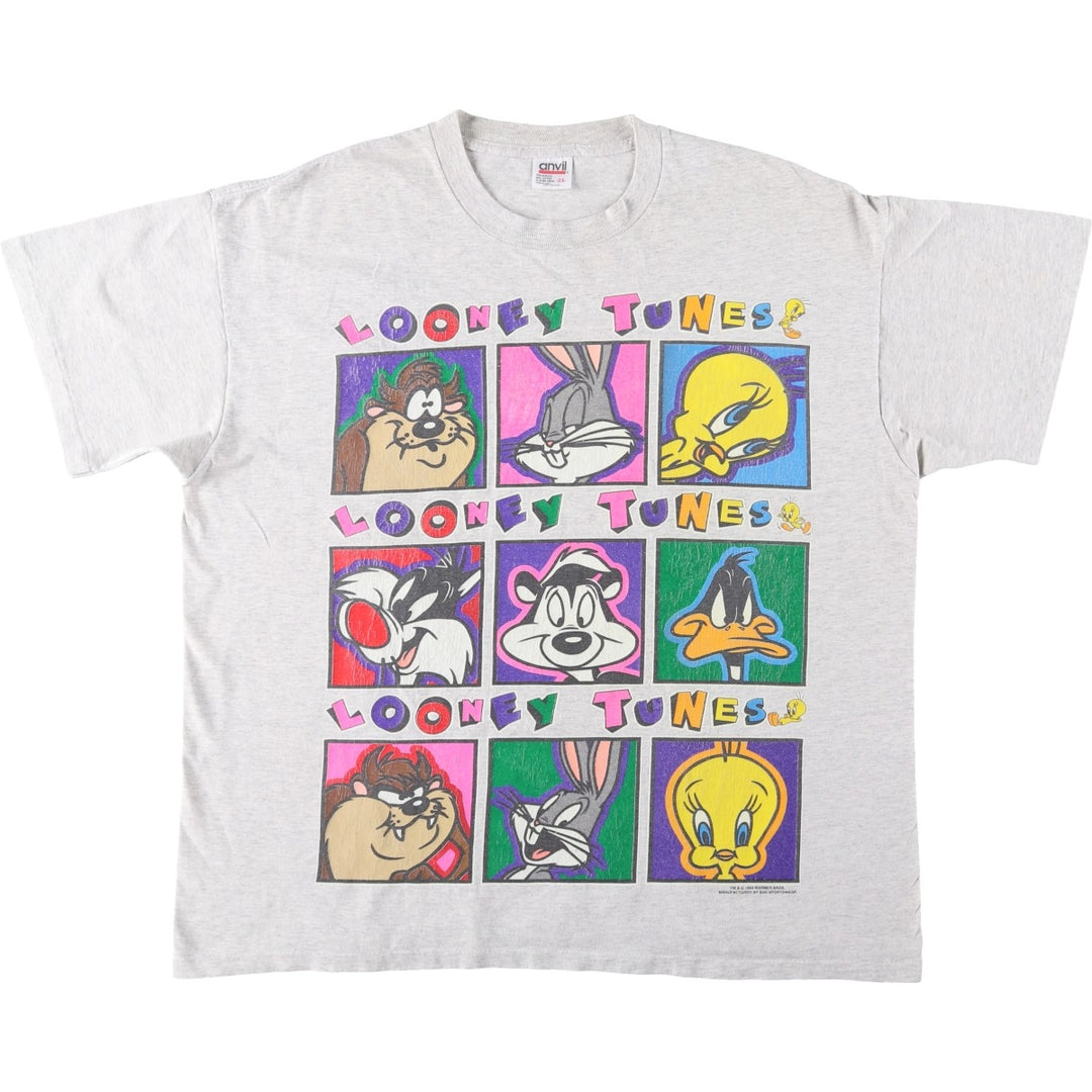 90'S Anvil LOONEY TUNES Character Print T-Shirt, Made in USA, Men's XXL equivalent, Vintage cotton gray type Vintage Second Hand