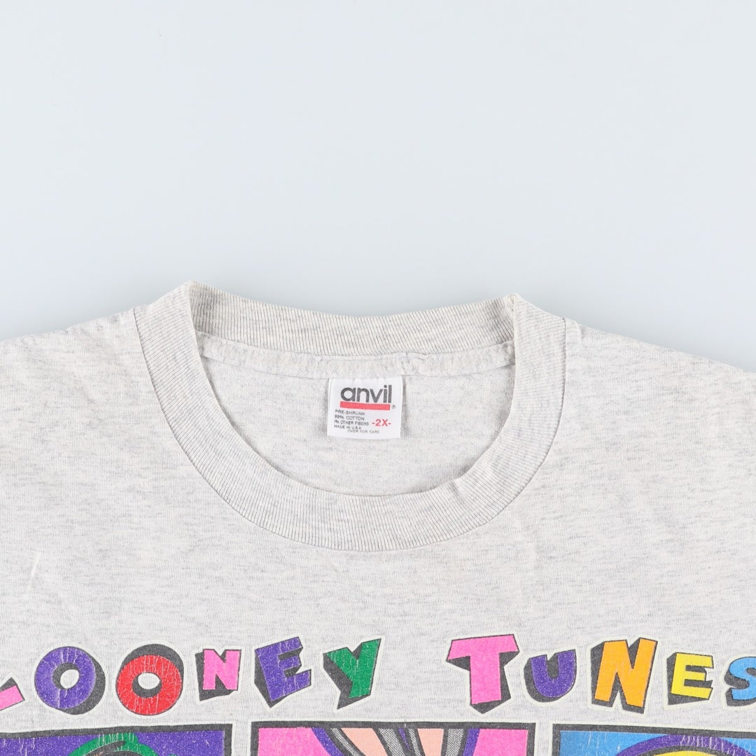 90'S Anvil LOONEY TUNES Character Print T-Shirt, Made in USA, Men's XXL equivalent, Vintage cotton gray type Vintage Second Hand