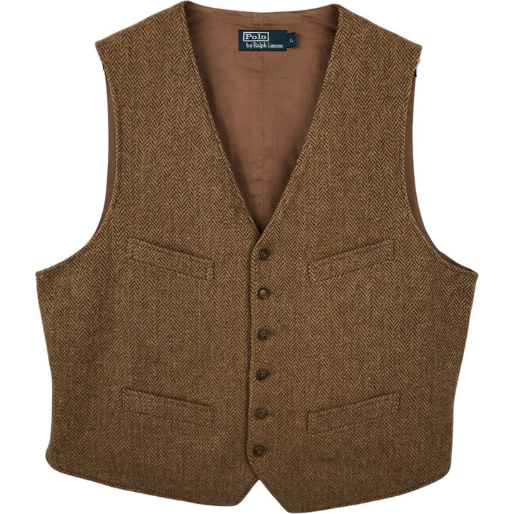 Ralph Lauren POLO by Ralph Lauren Herringbone Open-Front Wool Vest (Men's Size L) wool beige type brown Vintage Second Hand