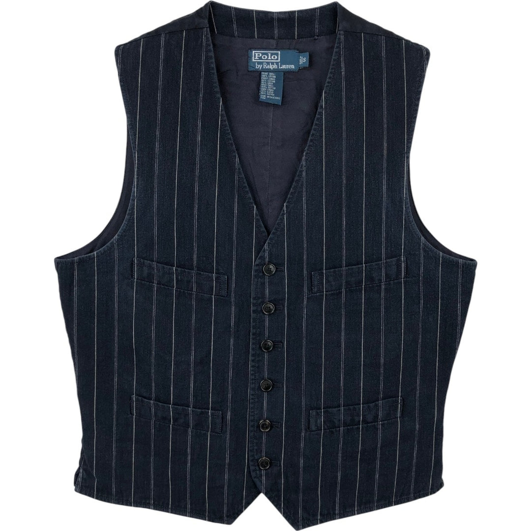 Ralph Lauren POLO by Ralph Lauren Stripe Pattern Open-Front Cotton Vest, Men's Size S (approx.) cotton navy blue type Vintage Second Hand