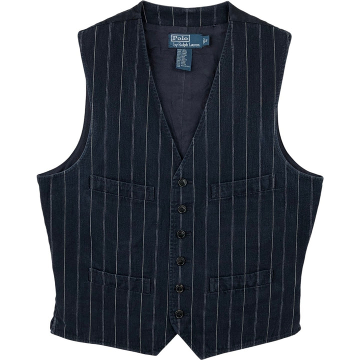 Ralph Lauren POLO by Ralph Lauren Stripe Pattern Open-Front Cotton Vest, Men's Size S (approx.) cotton navy blue type Vintage Second Hand