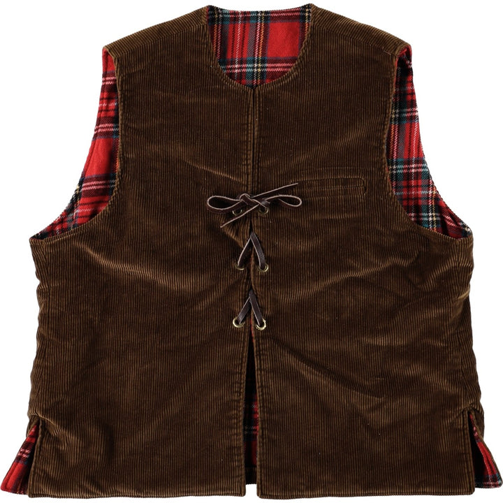 1970'S Woolrich Check Pattern Lace-Up Reversible Corduroy Vest, Men's Size XL (Equivalent), Vintage unclear brown type Vintage Second Hand