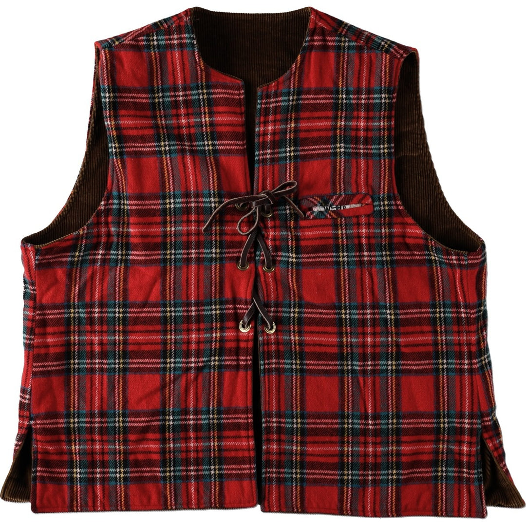 1970'S Woolrich Check Pattern Lace-Up Reversible Corduroy Vest, Men's Size XL (Equivalent), Vintage unclear brown type Vintage Second Hand