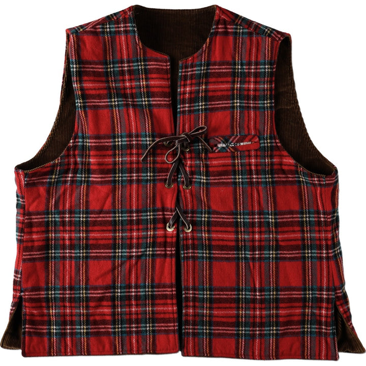 1970'S Woolrich Check Pattern Lace-Up Reversible Corduroy Vest, Men's Size XL (Equivalent), Vintage unclear brown type Vintage Second Hand
