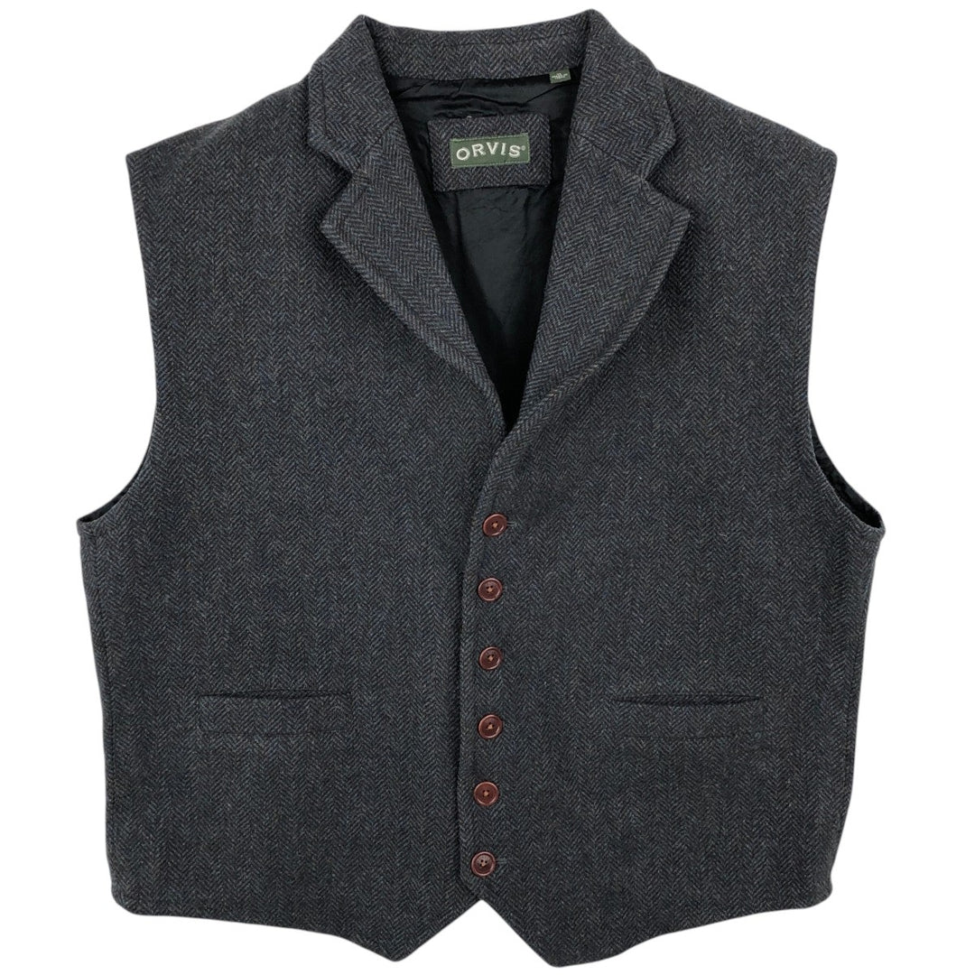 2000'S Orvis Check Pattern Herringbone Open Front Vest, Men's XL (approx.) acrylic Charcoal Vintage Second Hand