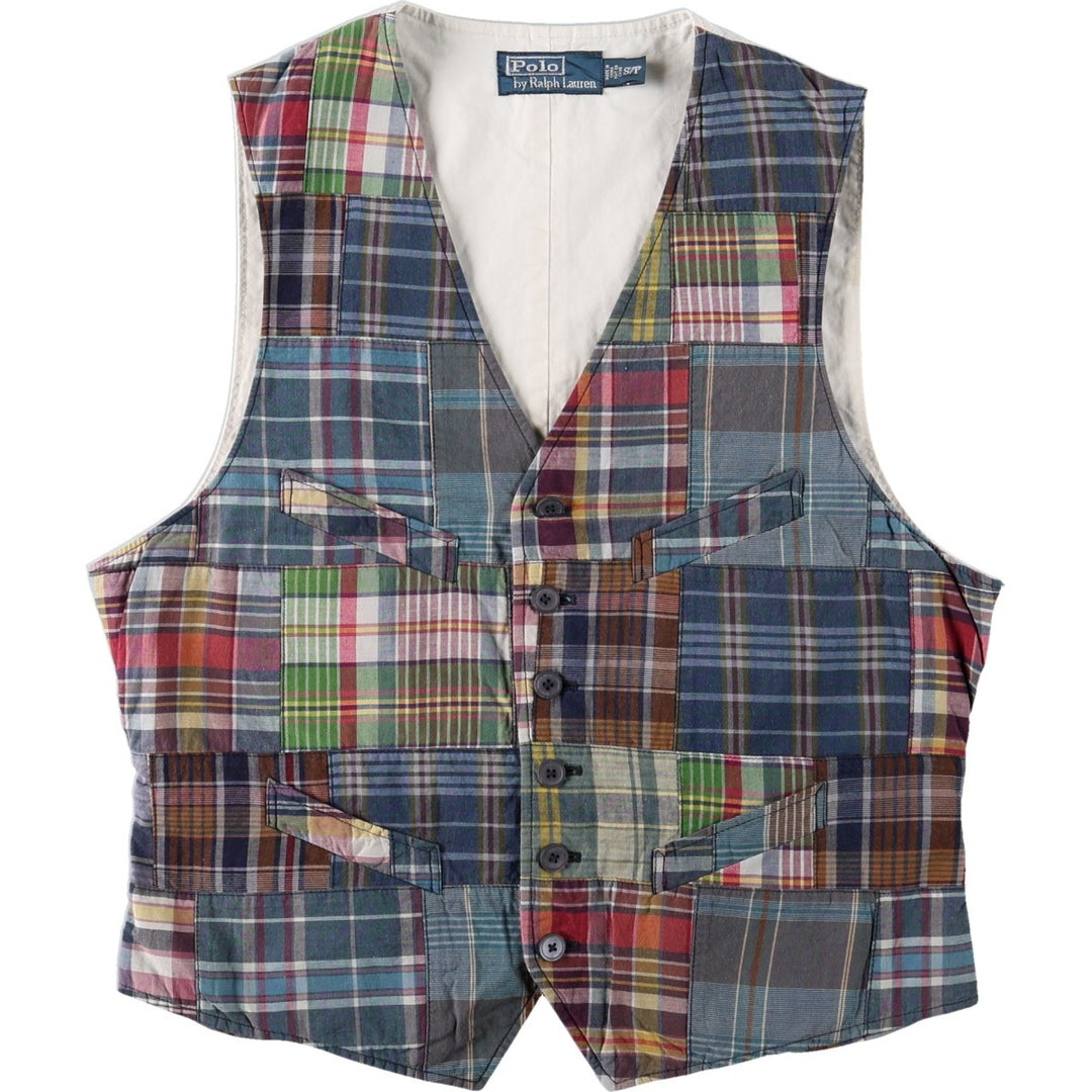 Ralph Lauren POLO by Ralph Lauren Check Pattern Open Front Patchwork Cotton Vest Men's Size S (approx.) cotton navy blue type Vintage Second Hand