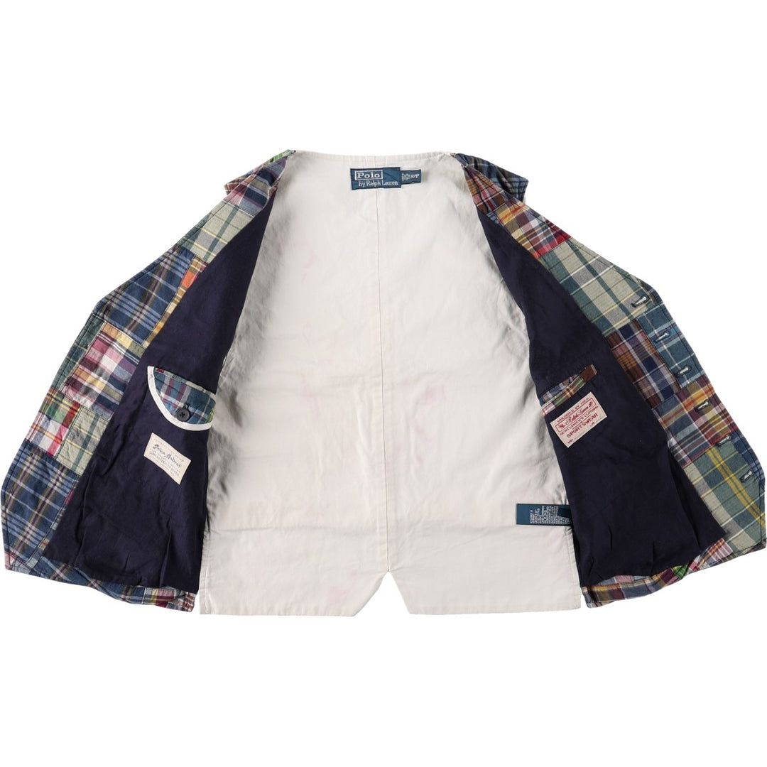 Ralph Lauren POLO by Ralph Lauren Check Pattern Open Front Patchwork Cotton Vest Men's Size S (approx.) cotton navy blue type Vintage Second Hand