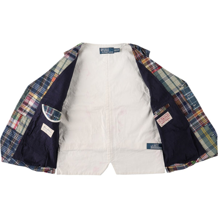 Ralph Lauren POLO by Ralph Lauren Check Pattern Open Front Patchwork Cotton Vest Men's Size S (approx.) cotton navy blue type Vintage Second Hand