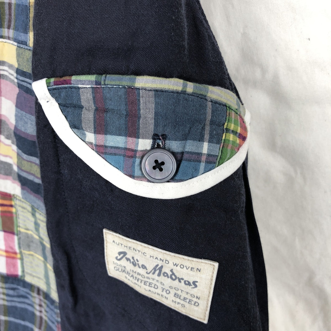 Ralph Lauren POLO by Ralph Lauren Check Pattern Open Front Patchwork Cotton Vest Men's Size S (approx.) cotton navy blue type Vintage Second Hand