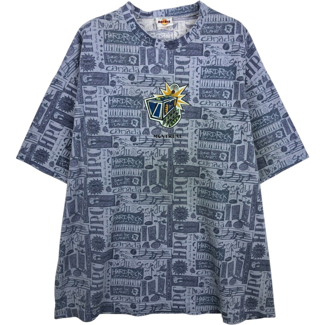 HARD ROCK CAFE all-over print advertising T-shirt, made in Canada, men's size XL equivalent. unclear Blue type light blue Vintage Second Hand