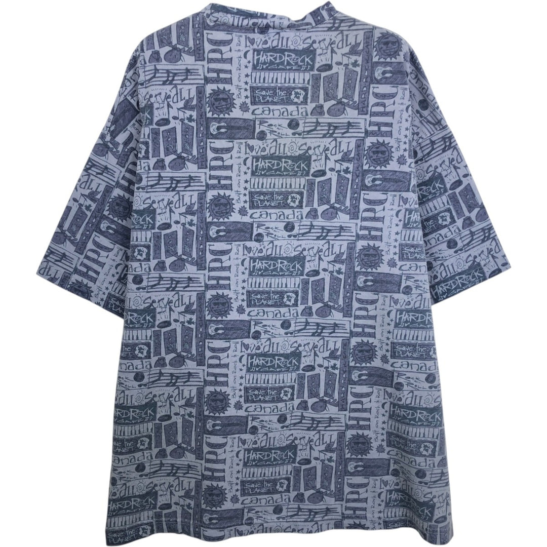 HARD ROCK CAFE all-over print advertising T-shirt, made in Canada, men's size XL equivalent. unclear Blue type light blue Vintage Second Hand