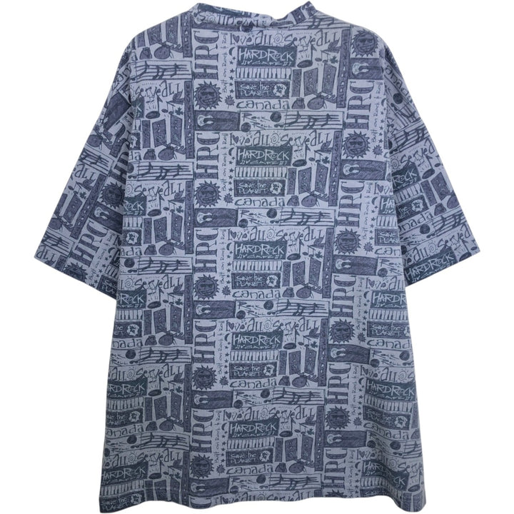 HARD ROCK CAFE all-over print advertising T-shirt, made in Canada, men's size XL equivalent. unclear Blue type light blue Vintage Second Hand