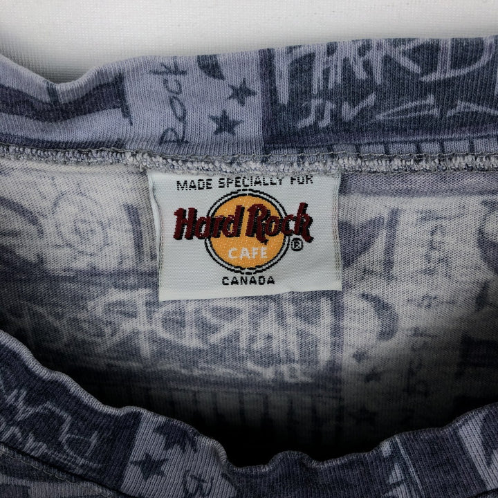 HARD ROCK CAFE all-over print advertising T-shirt, made in Canada, men's size XL equivalent. unclear Blue type light blue Vintage Second Hand
