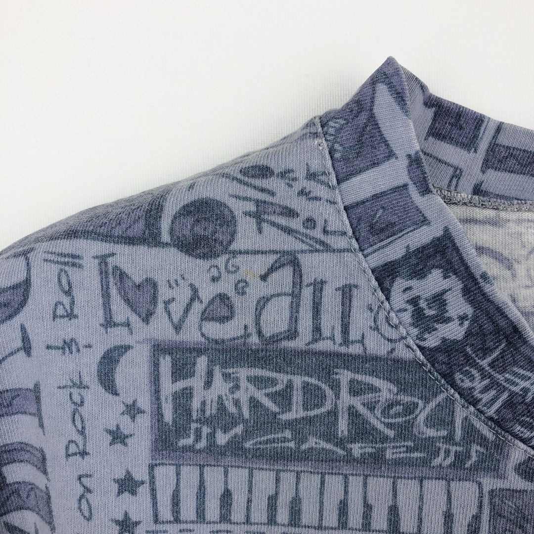 HARD ROCK CAFE all-over print advertising T-shirt, made in Canada, men's size XL equivalent. unclear Blue type light blue Vintage Second Hand