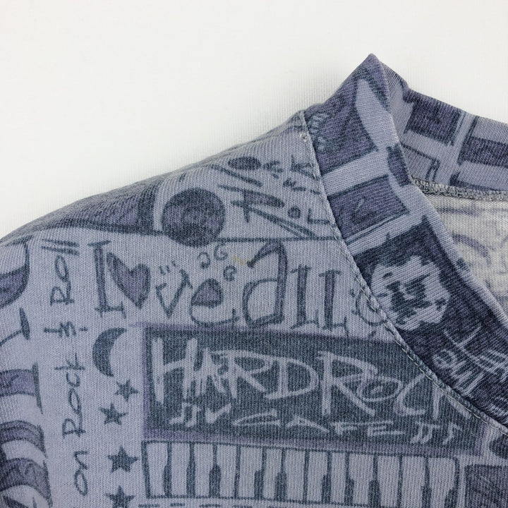 HARD ROCK CAFE all-over print advertising T-shirt, made in Canada, men's size XL equivalent. unclear Blue type light blue Vintage Second Hand