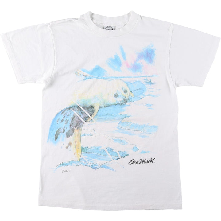 90'S Turner Originals Seal Pattern Animal T-Shirt, Made in USA, Men's Size M (Equivalent), Vintage cotton white type Vintage Second Hand