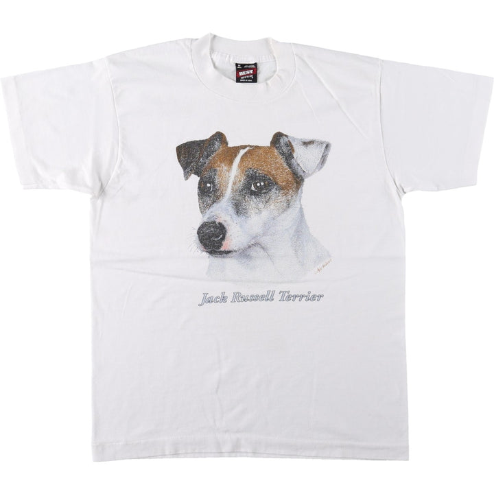 90'S Fruit of the Loom Jack Russell Terrier dog print animal t-shirt, made in USA, men's size M equivalent. cotton white type Vintage Second Hand