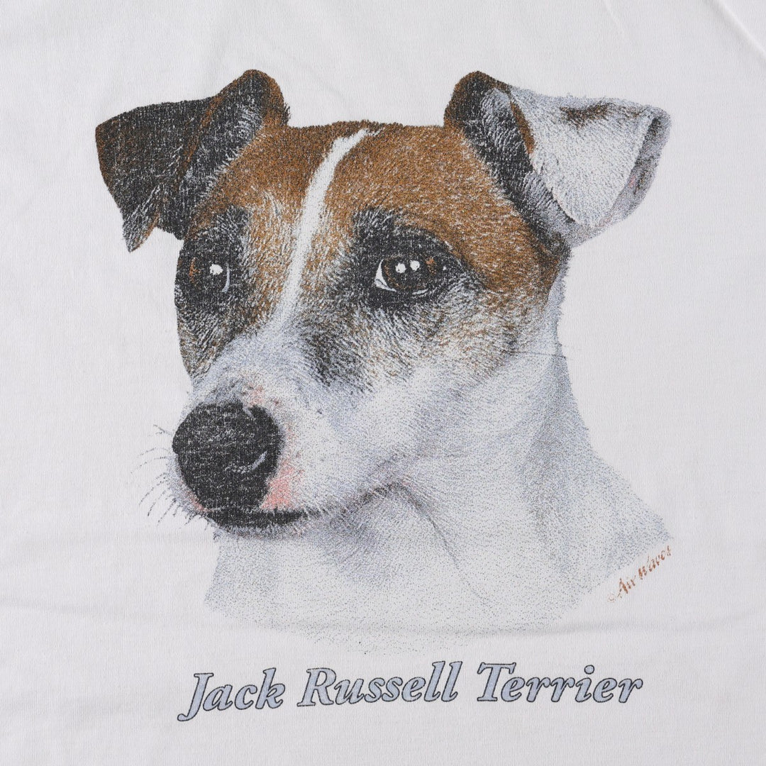 90'S Fruit of the Loom Jack Russell Terrier dog print animal t-shirt, made in USA, men's size M equivalent. cotton white type Vintage Second Hand