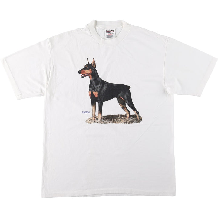 ONEITA Power PRO Dog Print Animal T-Shirt, Made in USA, Men's Size L (Equivalent), Vintage cotton white type Vintage Second Hand