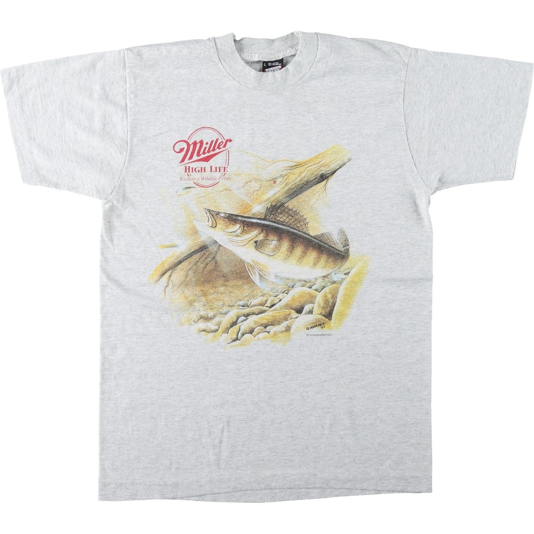 90'S Screen Stars Fish Print Animal T-Shirt, Made in USA, Men's Size L (Equivalent), Vintage cotton gray type Vintage Second Hand