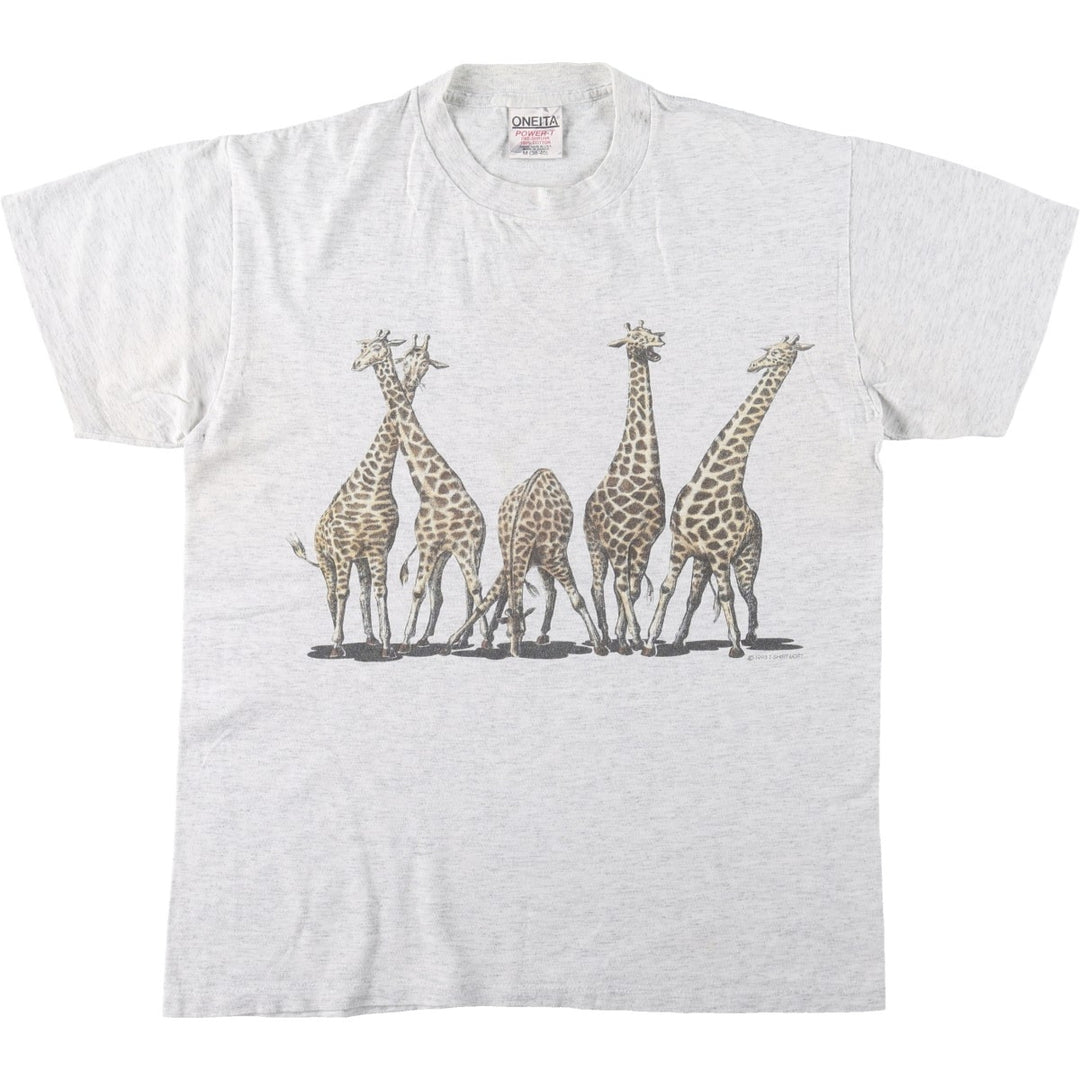 90'S ONEITA Animal Pattern Giraffe Pattern Animal T-Shirt Made in USA Men's Size M (approx.) cotton gray type Vintage Second Hand