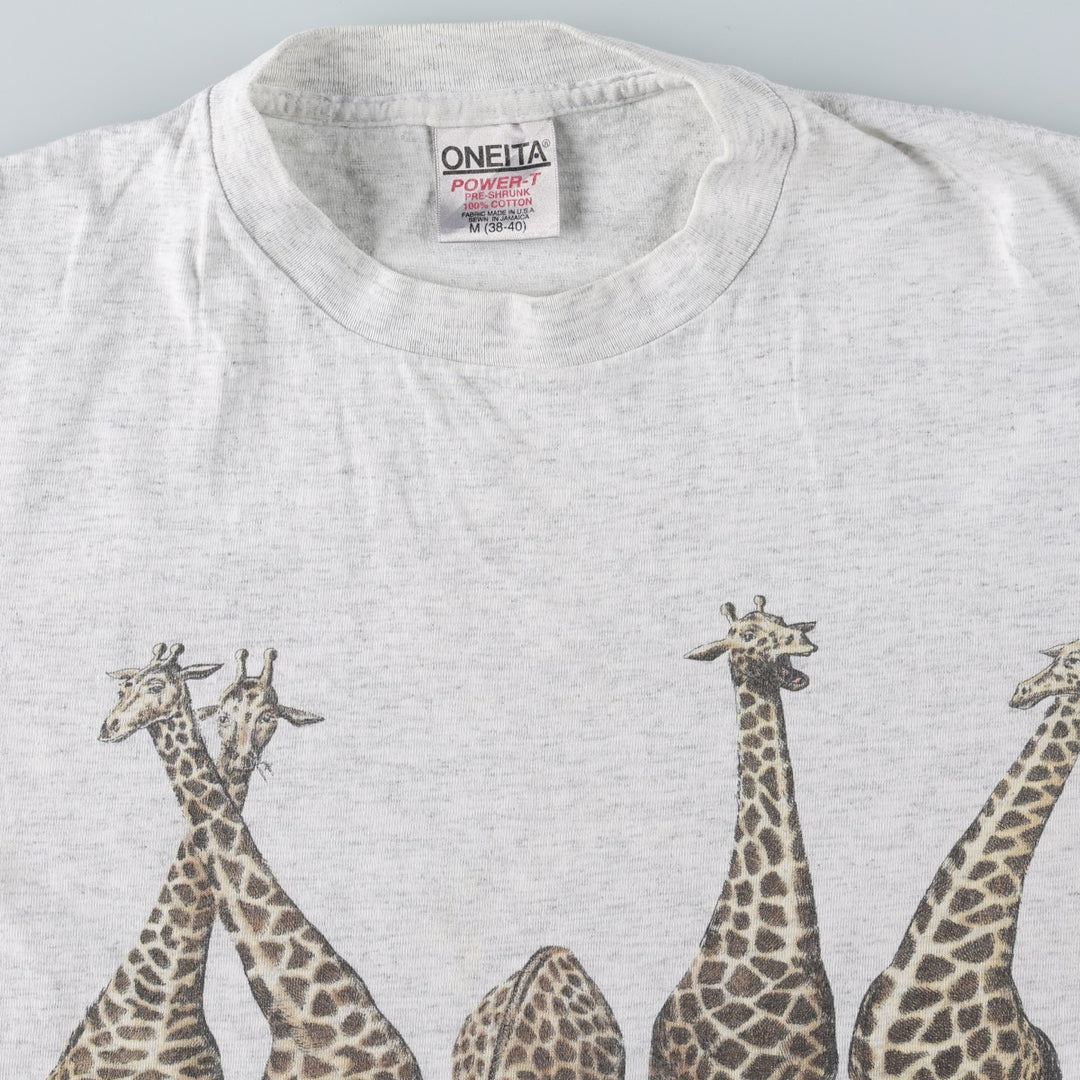 90'S ONEITA Animal Pattern Giraffe Pattern Animal T-Shirt Made in USA Men's Size M (approx.) cotton gray type Vintage Second Hand