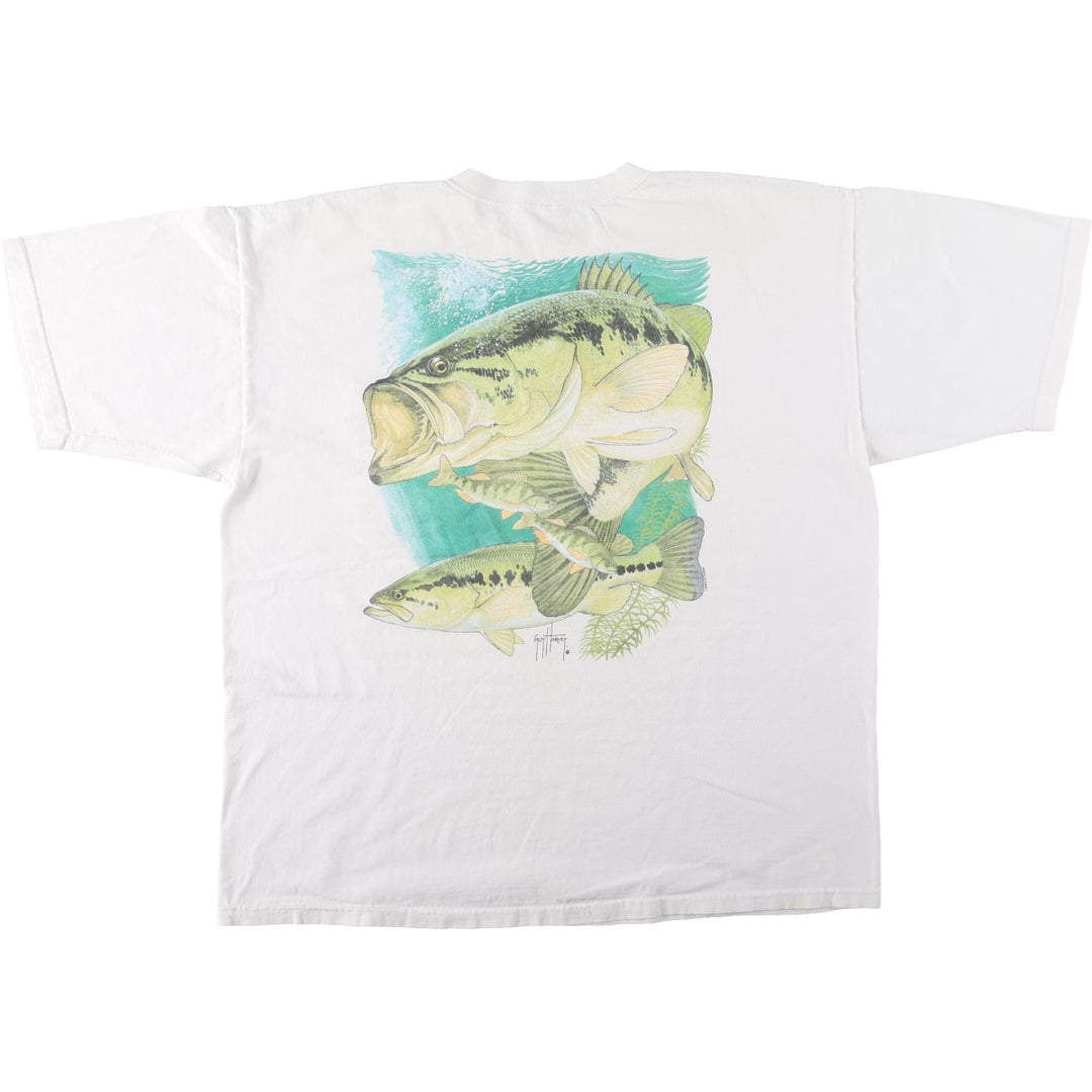 2000'S Guy Harvey fish print animal t-shirt, made in USA, men's size XXL equivalent. cotton white type Vintage Second Hand