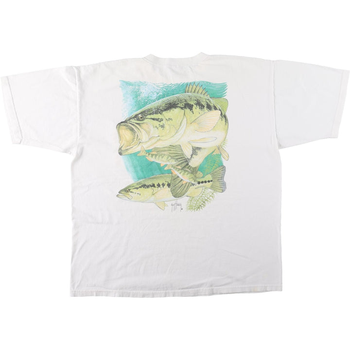 2000'S Guy Harvey fish print animal t-shirt, made in USA, men's size XXL equivalent. cotton white type Vintage Second Hand