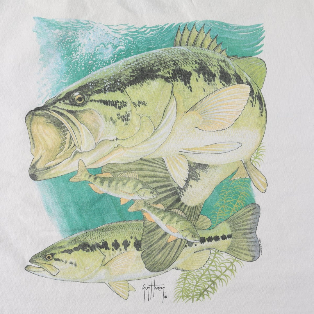 2000'S Guy Harvey fish print animal t-shirt, made in USA, men's size XXL equivalent. cotton white type Vintage Second Hand