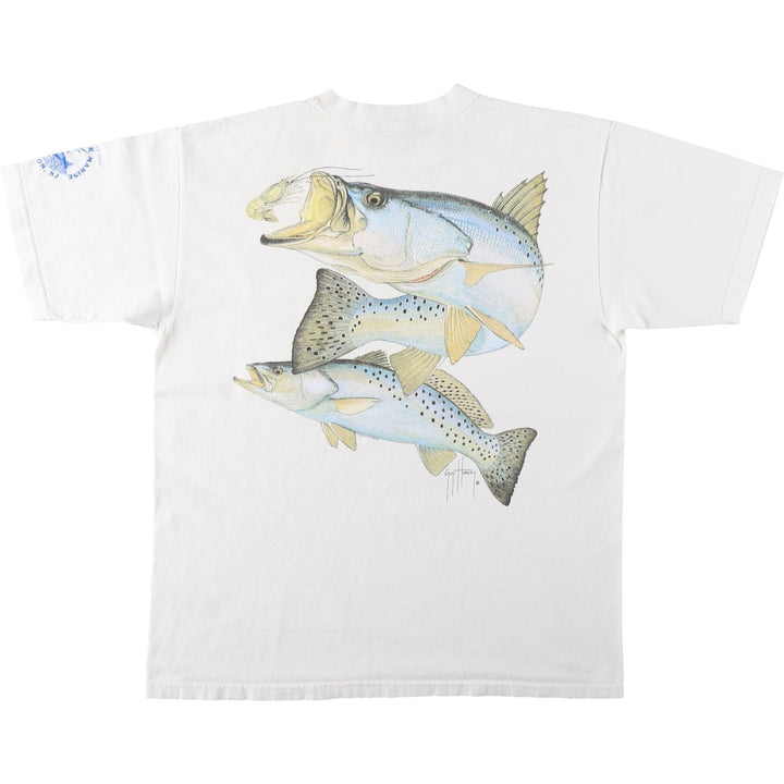 2000'S Guy Harvey fish print animal t-shirt, made in USA, men's size L equivalent. cotton white type Vintage Second Hand