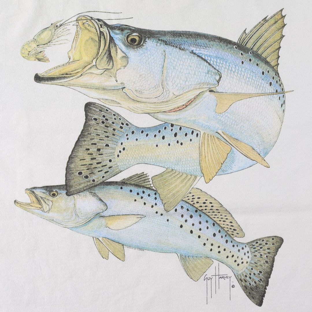 2000'S Guy Harvey fish print animal t-shirt, made in USA, men's size L equivalent. cotton white type Vintage Second Hand