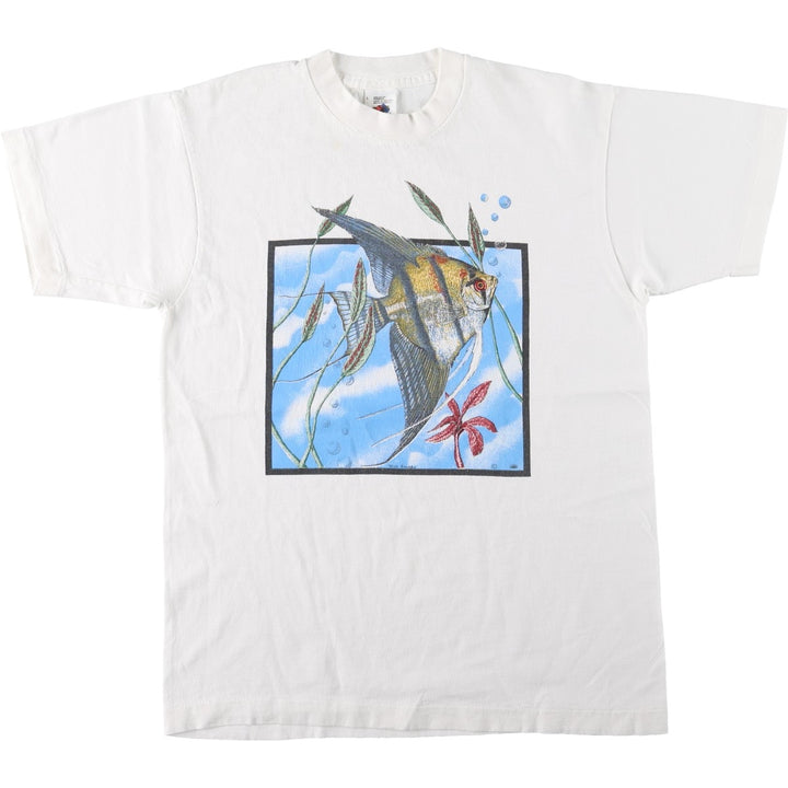90'S Fruit of the Loom fish print animal t-shirt, men's size L (approx.) cotton white type Vintage Second Hand